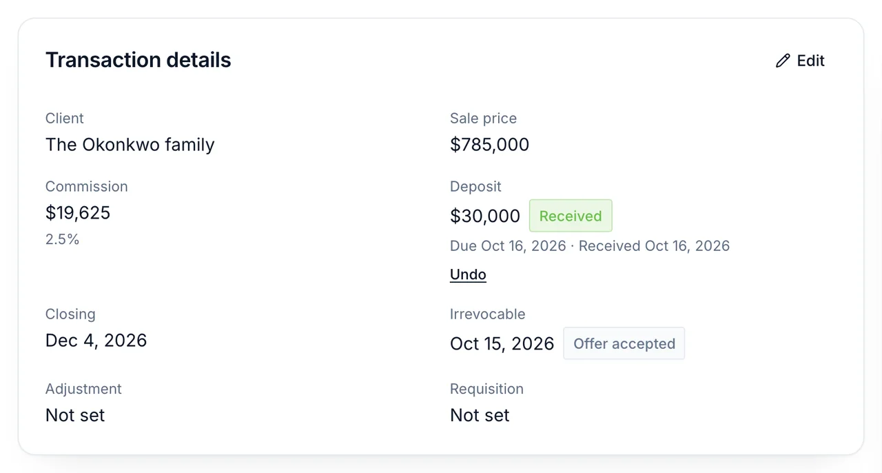 Transaction details in Gable, from sample data: sale price, commission, a deposit marked received with its due and received dates, closing and the irrevocable date.